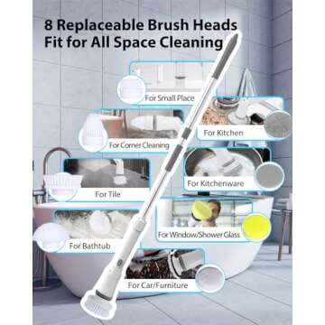 UBeesize Electric Spin Scrubber,Long Cordless Cleaning Brush,Rotatable Shower Scrubber with 8 Replaceable Heads,Adjustable Detachable Handle Bathroom Scrubber for Bathtub,Tile,Floor and Car Cleaning