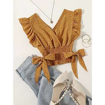 LYANER Women's V Neck Polka Dots Ruffle Cap Sleeve Blouse