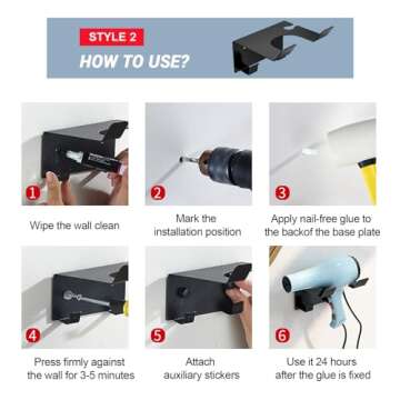 Hair Dryer Holder Wall Mount, Hair Dryer Holder Wall Mount, Upgraded Stainless Steel Hair Dryer Holder, Hair Dryer Holder Maximum Diameter 2.3 Inch (Stainless Steel, Black)