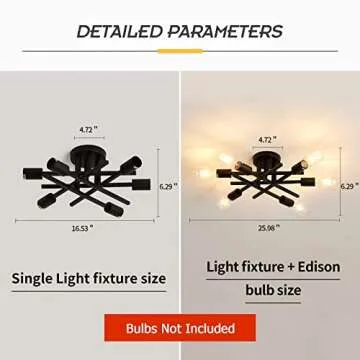ASGYISA Semi Flush Mount Modern Ceiling Light Fixture， 6 Lights Black Vintage Matte Sputnik Chandelier Ceiling Lamp with E26 Bulb Base for Farmhouse Dining Room Living Room Bedroom Study Kitchen