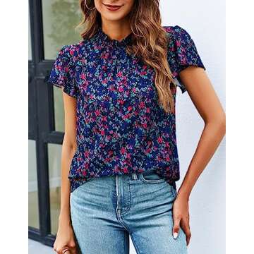Summer Casual High Neck Ruffle Trim Chiffon Blouses for Women Short Sleeve Boho Tops Beachy Clothing...