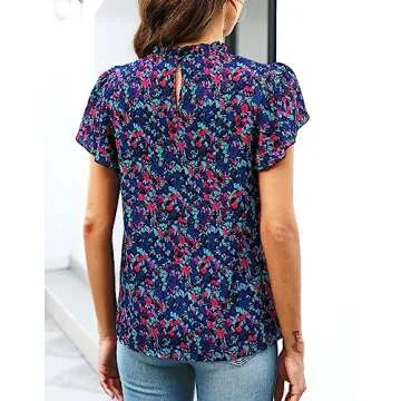 Summer Casual High Neck Ruffle Trim Chiffon Blouses for Women Short Sleeve Boho Tops Beachy Clothing Navy Blue L