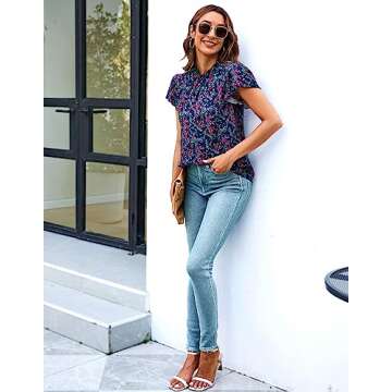 Summer Casual High Neck Ruffle Trim Chiffon Blouses for Women Short Sleeve Boho Tops Beachy Clothing Navy Blue L