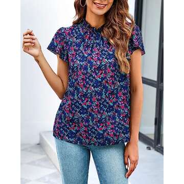 Summer Casual High Neck Ruffle Trim Chiffon Blouses for Women Short Sleeve Boho Tops Beachy Clothing Navy Blue L