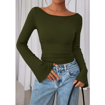 PRETTYGARDEN Women's Long Sleeve Shirts - Chic Boat Neck Tee with Bell Sleeves