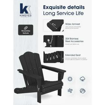 KINGYES All-Weather Folding Adirondack Chair - Black