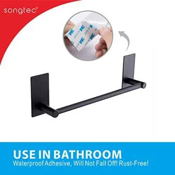 Adhesive Black Towel Bar 9-inch, Stick On Bath Towel Rack, Hand Towel Holders, No Drilling on Wall - Black