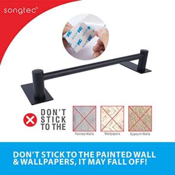 Adhesive Black Towel Bar 9-inch, Stick On Bath Towel Rack, Hand Towel Holders, No Drilling on Wall - Black