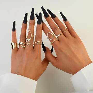 FIBO STEEL 9 Pcs Gold Chunky Rings for Women 18K Gold Plated Ring Set Dome Thick Open Rings Adjustab...