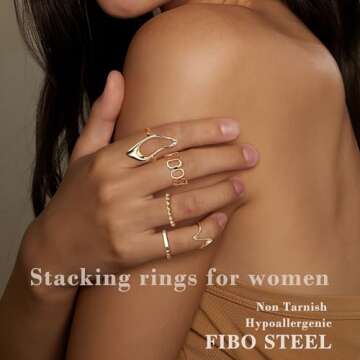 FIBO STEEL 9 Pcs Gold Chunky Rings for Women 18K Gold Plated Ring Set Dome Thick Open Rings Adjustable Gold tone