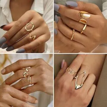 FIBO STEEL 9 Pcs Gold Chunky Rings for Women 18K Gold Plated Ring Set Dome Thick Open Rings Adjustable Gold tone