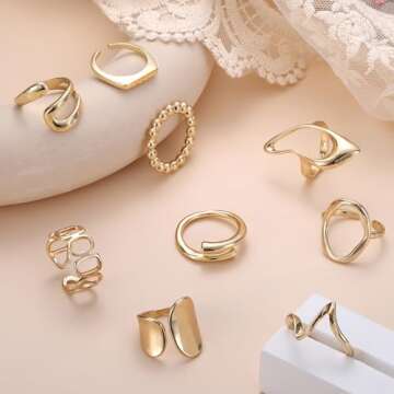 FIBO STEEL 9 Pcs Gold Chunky Rings for Women 18K Gold Plated Ring Set Dome Thick Open Rings Adjustable Gold tone
