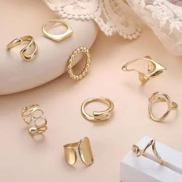 FIBO STEEL 9 Pcs Gold Chunky Rings for Women 18K Gold Plated Ring Set Dome Thick Open Rings Adjustable Gold tone