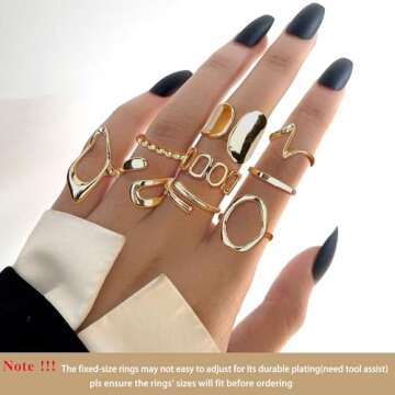 FIBO STEEL 9 Pcs Gold Chunky Rings for Women 18K Gold Plated Ring Set Dome Thick Open Rings Adjustable Gold tone