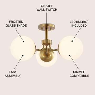 JONATHAN Y JYL7600A Olivier 23.5" 3-Light Bohemian Farmhouse Iron/Frosted Glass LED Semi Flush Mount Modern Contemporary Kitchen Hallway Bathroom Bedroom Entryway Foyer, Brass Gold/White