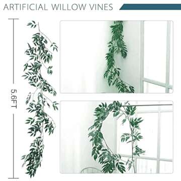ANPHSIN 5 Pack (28ft) Artificial Willow Leaves Vines Twigs- Fake Silk Hanging Willow Plant Greenery Garland String for Indoor Wedding Party Crowns Wreath Decor, Outdoor Wall Garden Decoration