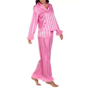 Women Feather Pajamas Silk Satin Lounge Sets Long Sleeve Button Down Shirts and Pants 2 Piece Pj Set...
