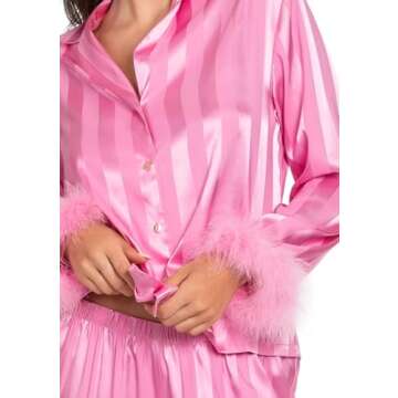 Women Feather Pajamas Silk Satin Lounge Sets Long Sleeve Button Down Shirts and Pants 2 Piece Pj Set S Pink