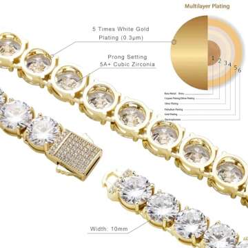 JINAO 10MM Gold Tennis Bracelet for Men Women 14K Gold Plated Iced Out Lab Simulated Diamond Cubic Z...