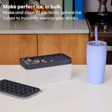 W&P Ice Ball Box Silicone Circular Ice Tray with Lid & Bin, Holds 96 Spheres, Easy Release, Space-Sa...