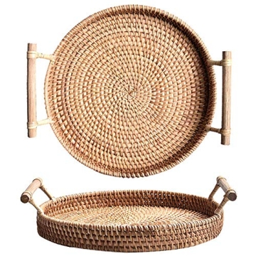 YANGQIHOME Hand-Woven Rattan Tray - Multifunctional Serving Basket with Handles