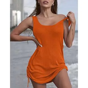 AI'MAGE Women's Cover Up Beach Dress Bikini Tank Dress Casual Vacation Short Dresses Orange Small