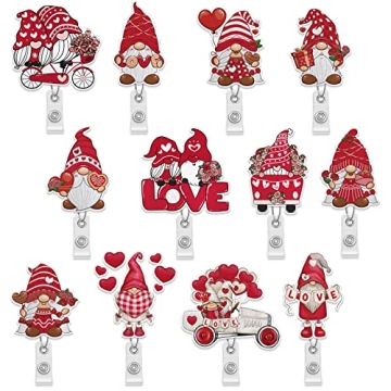 12 Pieces Valentine's Day Felt Retractable Badge Holders Gnome Nurse Badge Reels Name ID Badge Holde...