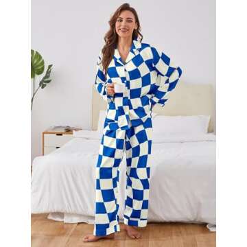 Brosloth Womens Satin Pj Sets Cute Silk Pajamas Set Soft Comfy Long Sleeve Plaid Spring Winter Loung...