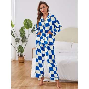 Brosloth Womens Satin Pj Sets Cute Silk Pajamas Set Soft Comfy Long Sleeve Plaid Spring Winter Loungewear Button Down Pjs Royal Blue S