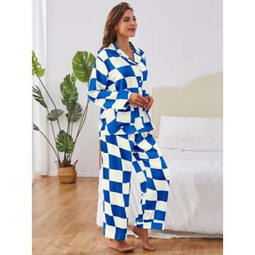 Brosloth Womens Satin Pj Sets Cute Silk Pajamas Set Soft Comfy Long Sleeve Plaid Spring Winter Loungewear Button Down Pjs Royal Blue S