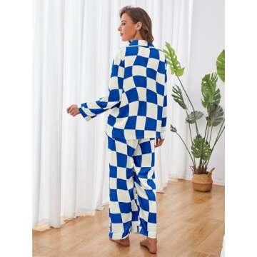 Brosloth Womens Satin Pj Sets Cute Silk Pajamas Set Soft Comfy Long Sleeve Plaid Spring Winter Loungewear Button Down Pjs Royal Blue S