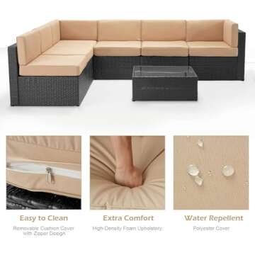 U-MAX 7 Piece Outdoor Patio Furniture Set, PE Rattan Outdoor Wicker Furniture, Outdoor Sectional Furniture Chair Set with Cushions and Tea Table, (Black Rattan&Khaki Cushion)