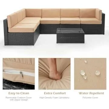 U-MAX 7 Piece Outdoor Patio Furniture Set, PE Rattan Outdoor Wicker Furniture, Outdoor Sectional Furniture Chair Set with Cushions and Tea Table, (Black Rattan&Khaki Cushion)