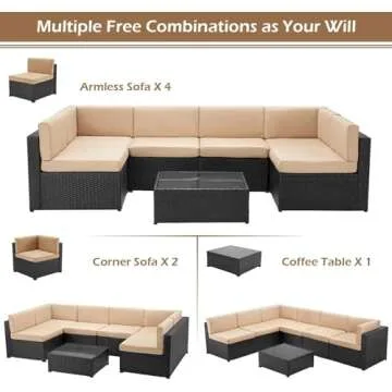U-MAX 7 Piece Outdoor Patio Furniture Set, PE Rattan Outdoor Wicker Furniture, Outdoor Sectional Furniture Chair Set with Cushions and Tea Table, (Black Rattan&Khaki Cushion)