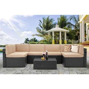 U-MAX 7 Piece Outdoor Patio Furniture Set, PE Rattan Outdoor Wicker Furniture, Outdoor Sectional Furniture Chair Set with Cushions and Tea Table, (Black Rattan&Khaki Cushion)