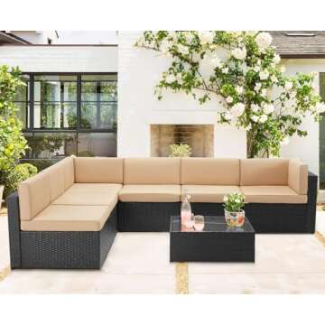 U-MAX 7 Piece Outdoor Patio Furniture Set, PE Rattan Outdoor Wicker Furniture, Outdoor Sectional Furniture Chair Set with Cushions and Tea Table, (Black Rattan&Khaki Cushion)