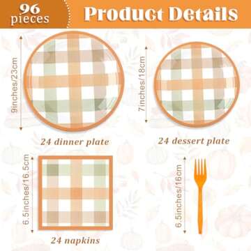 Honeydak 96 Pcs Fall Orange Plaid Party Supplies Thanksgiving Paper Plates and Napkins Fork Autumn D...