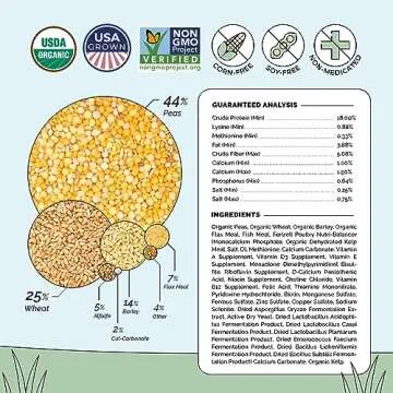 Mile Four Organic Chicken Feed – Grower Whole Grain, Non-GMO, USA Grown, 18% Protein, Corn-Free, Soy-Free, Non-Medicated Feed for Chickens, 46 lbs
