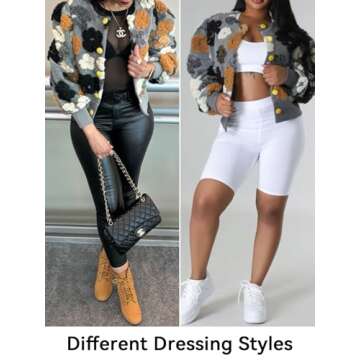 Floral Print Fleece Bomber Jacket for Women