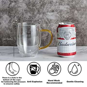 MEWAY-12oz Insulated Coffee Mugs with color handle, Glass Tea Mugs,Double Wall Glass Coffee Cups, Te...