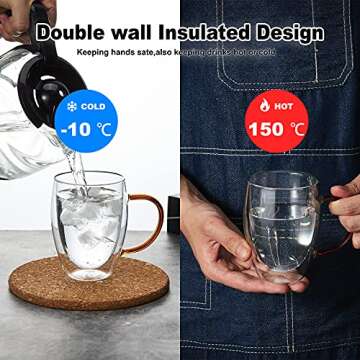 MEWAY-12oz Insulated Coffee Mugs with color handle, Glass Tea Mugs,Double Wall Glass Coffee Cups, Tea Cups, Latte Cups, Glass Coffee Mug, Latte Mug, Clear Mugs,Cappuccino Cups (yellow,2PACK)