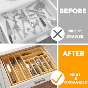 SpaceAid 2.5" High Bamboo Silverware Drawer Organizer with Labels, Kitchen Utensil Expandable Tray H...