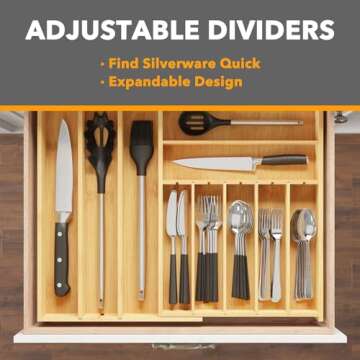 SpaceAid 2.5" High Bamboo Silverware Drawer Organizer with Labels, Kitchen Utensil Expandable Tray Holder for Flatware, Cutlery, Spoon and Knives Drawer Storage Organization (Natural)