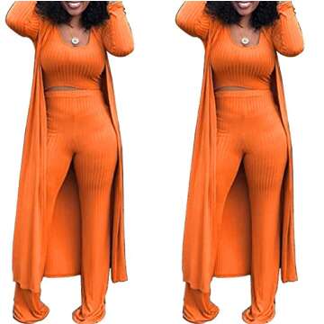 HANMAX Women's Tracksuit Winter Autumn Knitted Long-sleeved Blazer Coat Tank Long Pants Three Piece Sets Outfit