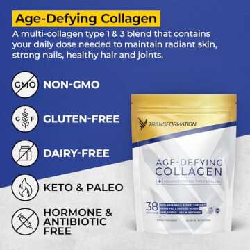 Transformation Grass-Fed Hydrolyzed Collagen Peptides Powder | Multi Types 1 & 3 | Pure Bovine | Keto Friendly | Supports Hair, Skin, Nails | 16oz Unflavored Supplement