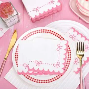 Whaline 100Pcs Pink Bow Scalloped Cocktail Napkin Bow Theme Paper Napkin Thick Disposable Dessert Beverage Napkin for Bridal Baby Shower Birthday Party Supplies