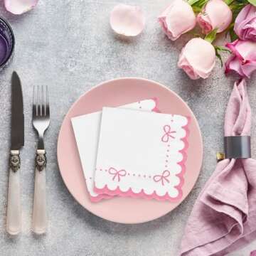 Whaline 100Pcs Pink Bow Scalloped Cocktail Napkin Bow Theme Paper Napkin Thick Disposable Dessert Beverage Napkin for Bridal Baby Shower Birthday Party Supplies
