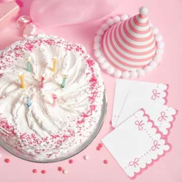 Whaline 100Pcs Pink Bow Scalloped Cocktail Napkin Bow Theme Paper Napkin Thick Disposable Dessert Beverage Napkin for Bridal Baby Shower Birthday Party Supplies