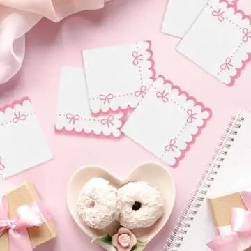 Whaline 100Pcs Pink Bow Scalloped Cocktail Napkin Bow Theme Paper Napkin Thick Disposable Dessert Beverage Napkin for Bridal Baby Shower Birthday Party Supplies