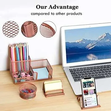 Pen Holder for Desk, 6 Pieces Mesh Desk Organizer set 3 Compartments pens holder, Mail Organizer Letter Holder Home Office Supplies Caddy Storage Baskets for Desktop Accessories(6 Pack, Rose Gold)